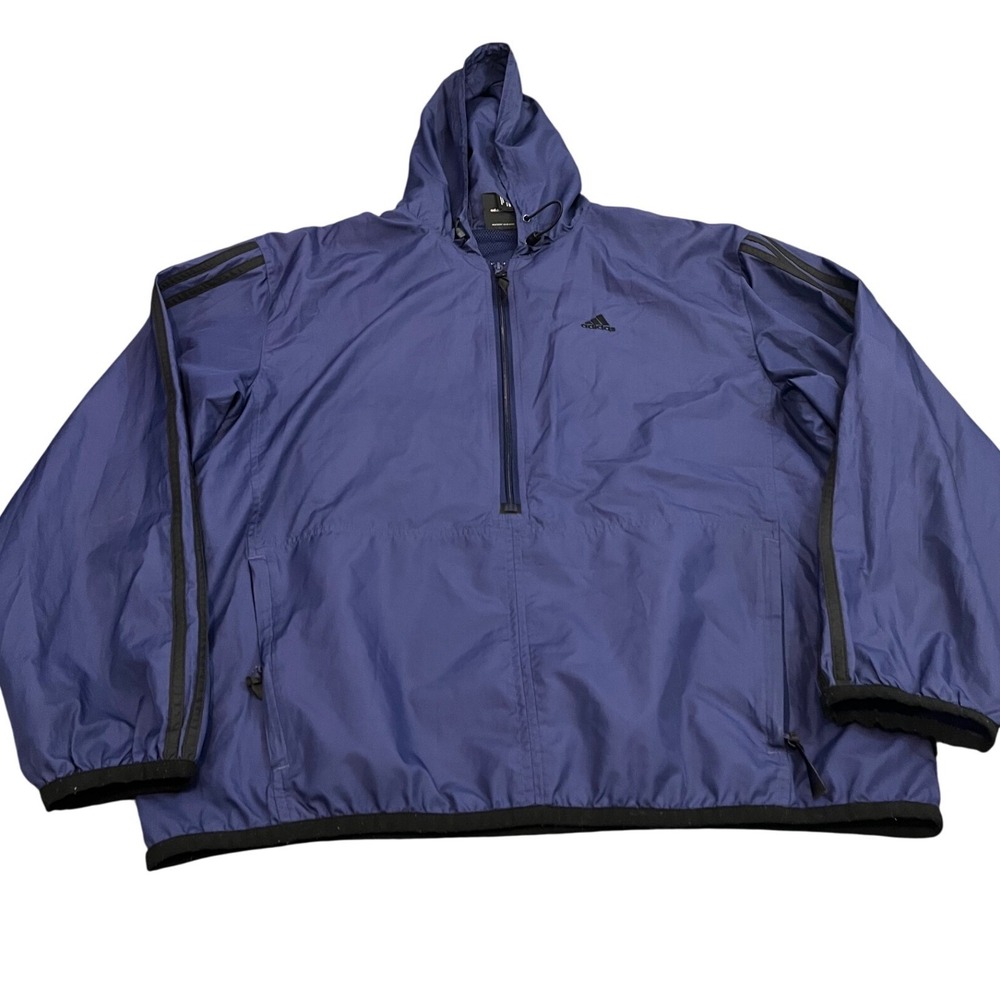Adidas Windbreaker Jacket Mens M Blue Half Zip Hooded 3 Stripe Pullover Anorak